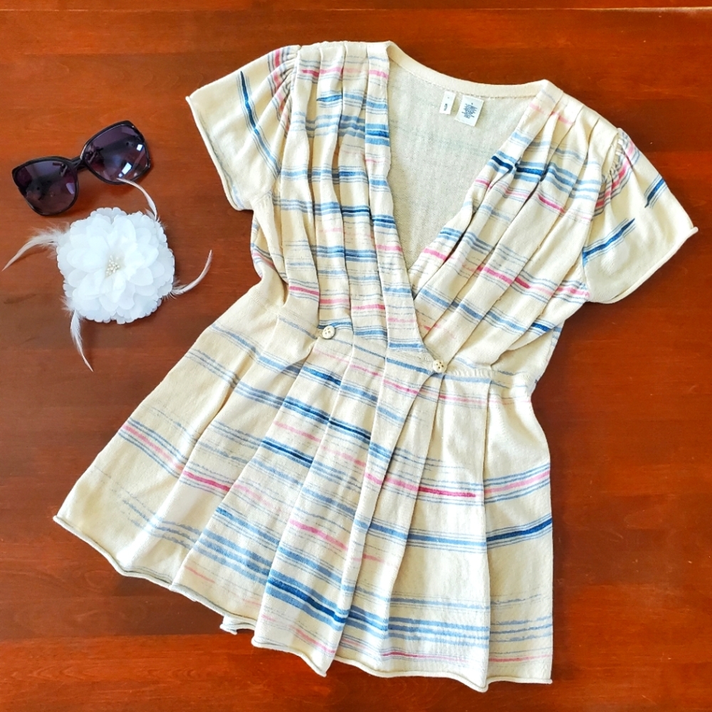 Anthropologie Moth Shirt Womens Small Wrap Front Pleated Terry Linen Cream Pink